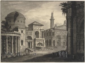 Fantasia architettonica di una città antica con una piazza e molti edifici, alcuni parzialmente in rovina
