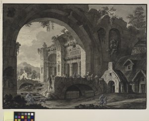 Fantasia architettonica con rovine di un bagno antico e cottage da Robert Adam