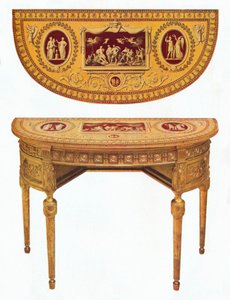 Uno di un paio di tavoli laterali di Adam, il piano dipinto nello stile di Pergolesi, XVIII secolo da Robert Adam