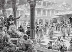 Akbar gioca a dama con pezzi viventi a Fatehpur Sikri da Robert Ambrose Dudley
