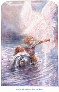 Cristiano e Speranzoso attraversano il fiume, da Il progresso del pellegrino pubblicato da John F Shaw & Co, c.1900