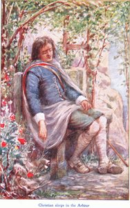 Christian dorme nel pergolato, da The Pilgrims Progress pubblicato da John F Shaw & Co, c.1900 da Robert Ambrose Dudley