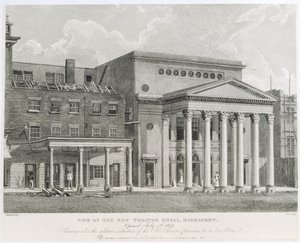 Vista del nuovo Teatro Reale, Haymarket, aperto il 4 luglio 1821, mostrando anche la situazione relativa del vecchio teatro prima della sua demolizione, inciso da Dale, 1822 da Robert Blemell Schnebbelie