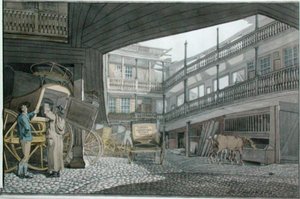 Veduta del cortile dello Spread Eagle, Gracechurch Street, con carrozze e cavalli che si nutrono da Robert Blemell Schnebbelie