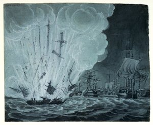 Nave che esplode nella battaglia del Nilo (disegno a penna, lavaggio grigio) da Robert Cleveley