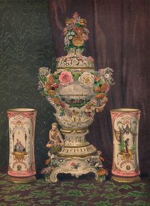 Vaso di porcellana di Dresda e coppia di bicchieri di porcellana, 1863