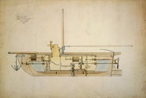Disegno originale del Nautilus, il primo sottomarino, presentato dal suo inventore Robert Fulton (1765-1815) al Senato americano nel 1806 da Robert Fulton