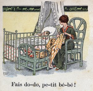 Libro per bambini Io leggerò - Alfabeto metodico e divertente di un papà 1926. Illustrazione di Robert Salles. Dormi, bambino! Una madre cuce nella stanza del suo bambino aspettando che si addormenti da Robert Salles