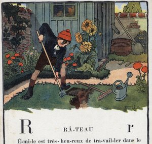 Libro per bambini Io leggerò - Alfabeto metodico e divertente di un papà 1926. Illustrazione di Robert Salles. Abecedario: lettera R come Rastrello. Un ragazzo nel giardino della sua casa