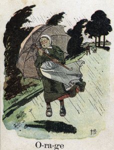 Libro per bambini “Leggerò - Alfabeto metodico e divertente di un papà” 1926. Illustrazione di Robert Salles (1871-1929). “Tempesta”: una donna sotto la pioggia si ripara con il suo ombrello. da Robert Salles