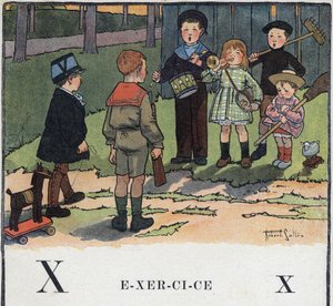 Libro per bambini “Leggerò - Alfabeto metodico e divertente di un papà” 1926. Illustrazione di Robert Salles (1871-1929). Abecedario: lettera X come Esercizio. Bambini giocano a fare i militari.
