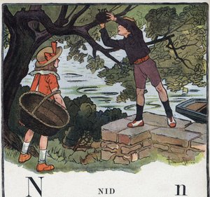 Libro per bambini “Io leggerò - Alfabeto metodico e divertente di un papà” 1926. Illustrazione di Robert Salles (1871-1929). Abecedario: lettera N come nido. Un ragazzo prende un nido costruito su un albero da Robert Salles