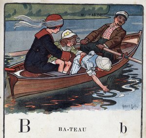 Libro per bambini “Io leggerò - Alfabeto metodico e divertente di un papà” 1926. Illustrazione di Robert Salles (1871-1929). Abecedario: lettera B come barca. Una famiglia in barca fa una passeggiata da Robert Salles