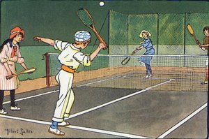 Tennis su prato. Incisione in "A cosa giochiamo?" di E. Weber con disegni ad acquerello di Robert Salles (1871-1929). Libreria Garnier Freres, Parigi