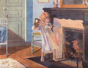 Bambina che tiene in mano un orologio accanto a un camino (litografia a colori)