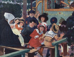 Spettacolo di burattini: bambini nel teatro dei burattini disturbati da un bambino che piange. Illustrazione di Robert Salles (1871-1929) in "Je sais Lire"
