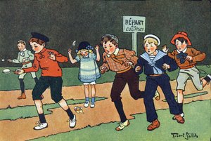 La corsa delle uova. Incisione in "A cosa giochiamo?" di E. Weber con disegni ad acquerello di Robert Salles (1871-1929). Libreria Garnier Freres, Parigi