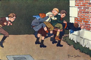 Il cavallo fuso (quando salti, devi saltare un califurchon sulla schiena di un altro bambino, senza colpire gli altri). Incisione in "A cosa giochiamo?" di E. Weber con disegni ad acquerello di Robert Salles (1871-1929). Librairie Garnier Freres, Parigi da Robert Salles