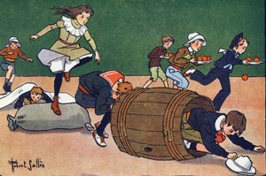 La corsa ad ostacoli. Incisione in "A cosa giochiamo?" di E. Weber con disegni ad acquerello di Robert Salles (1871-1929). Librairie Garnier Freres, Parigi
