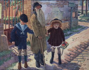 Il bastone del cieco: due bambini aiutano un vecchio cieco a camminare. Illustrazione di Robert Salles (1871-1929) in 
