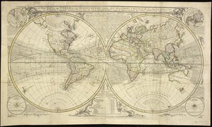 Una nuova mappa del mondo in due emisferi con le nuove scoperte e percorsi dei due circumnavigatori Dampier e Anson: disegnata dai geografi più recenti e notevolmente migliorata dai Sieurs D