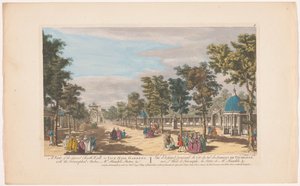 Veduta di un viale con un arco di trionfo nei Vauxhall Gardens a Londra
