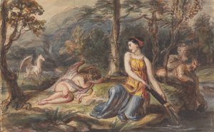 Diana, Dea della Caccia, con Satiro, Cupido Addormentato e un Pegaso in un Paesaggio Boschivo