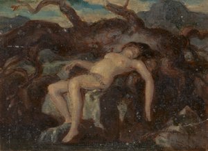 Donna che dorme nuda in un paesaggio boscoso