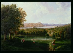 Vista da Tarrytown del fiume Hudson, Chiesa Vecchia Olandese e Beckham Manor, 1866 da Robert the Younger Havell