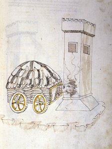 Arte della guerra: studio sulle macchine militari. una macchina equipaggiata con una corazza che assalta una torre, illustrazione tratta da 
