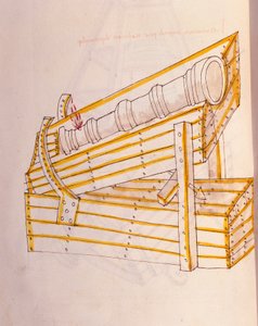Arte della guerra: studio sulle macchine militari. Posa del cannone con un sistema per sollevarlo, illustrazione da 