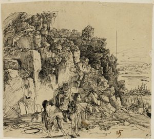 Paesaggio montuoso con cavalieri