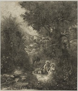 Riposo durante la fuga in Egitto con asino sellato da Rodolphe Bresdin