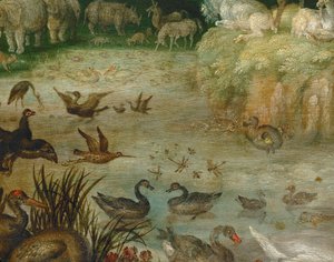 Lo stagno. Animali che bevono, anatre che nuotano, un unicorno sullo sfondo (dipinto su tela)