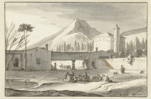 Paesaggio montuoso italianeggiante con una chiesa a rotonda da Roelant Roghman