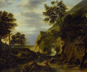 Paesaggio montuoso con cascata da Roelant Roghman
