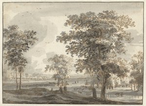 Paesaggio boscoso con pastori vicino a un fiume