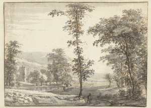Paesaggio boscoso con viaggiatore su un sentiero da Roelant Roghman