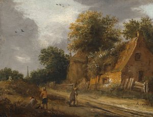 Tre figure che passano lungo una strada davanti a un cottage