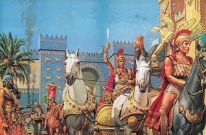 Alessandro Magno, in groppa al suo carro, cavalca in trionfo verso Babilonia (litografia a colori)