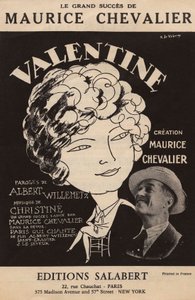 Copertina della partitura del grande successo di Maurice Chevalier "Valentine" testo di Albert Willemetz musica di Christine edizioni Salabert, 1925 circa (stampa) da Roger de Valerio
