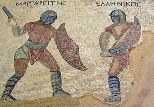 Una lotta tra due gladiatori, Casa dei Gladiatori, Kourion, Cipro (mosaico)