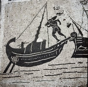Una nave di Cagliari che ritorna al porto di Ostia (mosaico) da Roman