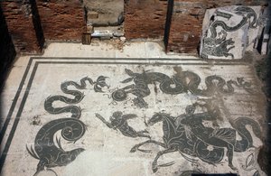 Antica Ostia. Piazza delle Corporazioni. Mosaico della Corporazione dei Marinai di Sabratha. Terme di Nettuno