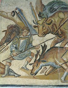 Battaglia tra gladiatori e animali, dettaglio di un gladiatore che infilza un toro, 320 d.C. da Roman