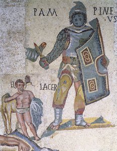 Battaglia tra gladiatori, dettaglio di un gladiatore armato di pugnale e scudo, 320 d.C.