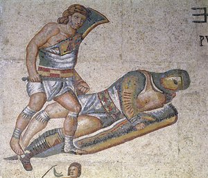 Battaglia tra gladiatori, dettaglio di un gladiatore che immobilizza un altro a terra, 320 d.C.