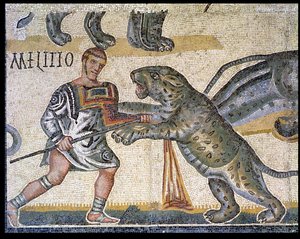 Battaglia di gladiatori contro i felini, dettaglio che raffigura un gladiatore che trafigge un felino