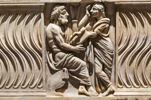 Decorazione su un sarcofago, immagine di un filosofo e musa da Roman