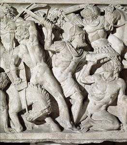 (dettaglio) di un sarcofago raffigurante una battaglia tra Romani e Galati